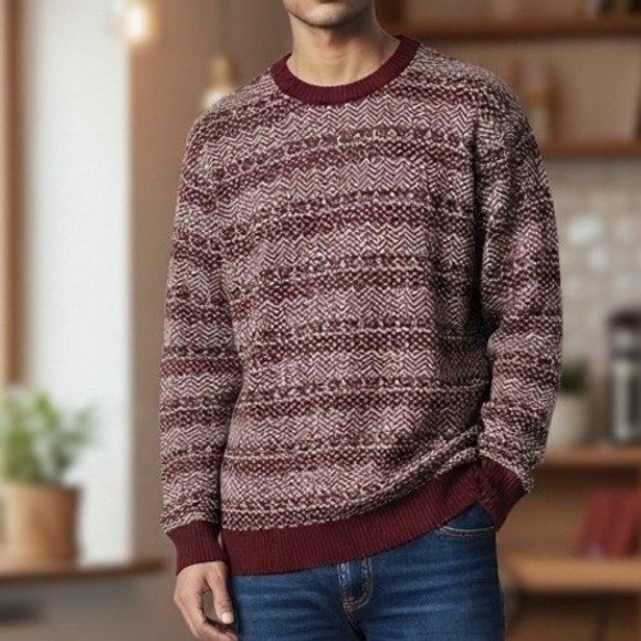 ASOS Other - ASOS Burgundy Geometric Chevron Knit Crew Neck Sweater Grandad Nordic Retro S
